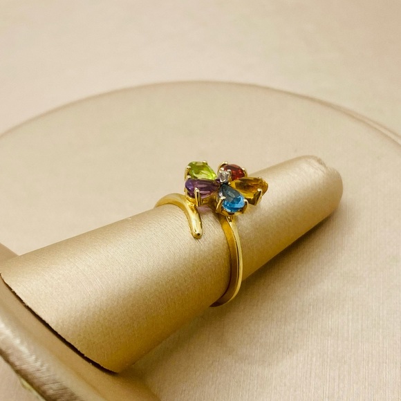 EUC Estate 10k Yellow Gold Genuine Multi-Colored Gemstone & Diamond Flower Ring - Picture 3 of 17